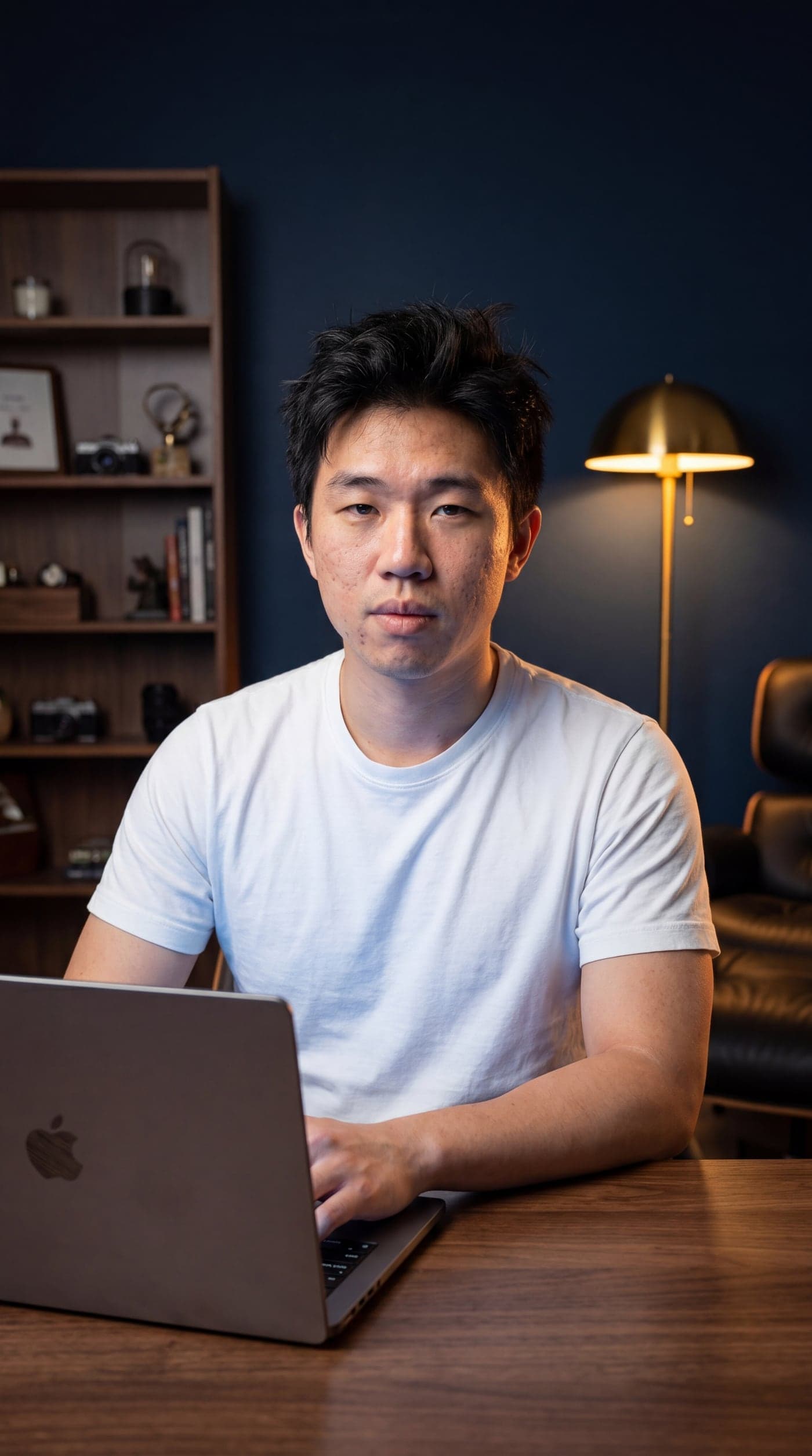 Marcus, a synthetic AI character, sitting at a wooden desk with a MacBook in a dimly lit studio with a brass lamp and bookshelf behind him.